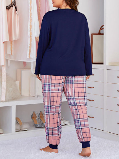 Plus Size Women's Long Sleeve Plaid Trousers Home Pajamas Set