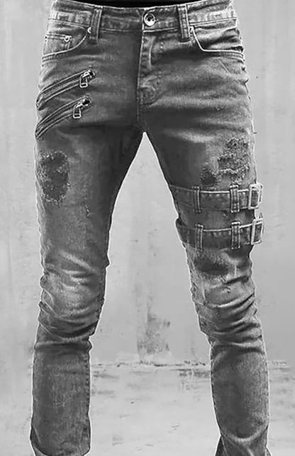 Men's Fashion Mid Waist Ripped Slim Jeans