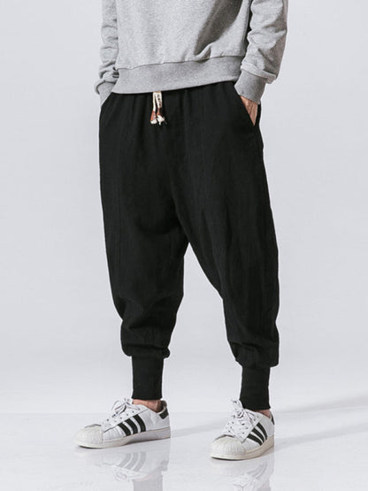 Linen Pants Men's Hip Hop Breathable Cotton Linen Trousers Solid Color Bloomers Casual Pants