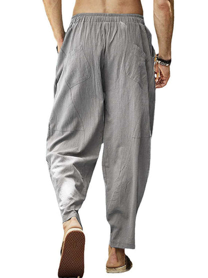 Men's casual loose cotton and linen drawstring hip-hop lantern pencil pants