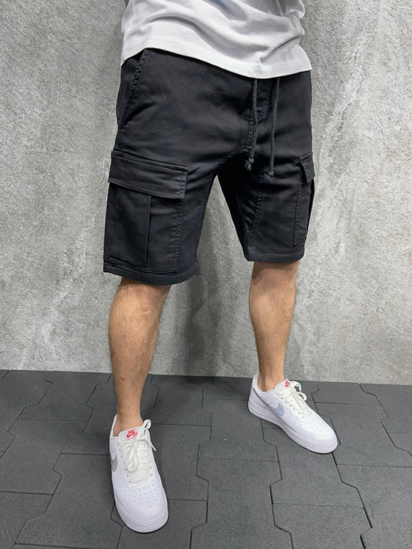 Street solid color casual five-point pants woven casual multi-pocket tether cargo shorts - Fayaat 