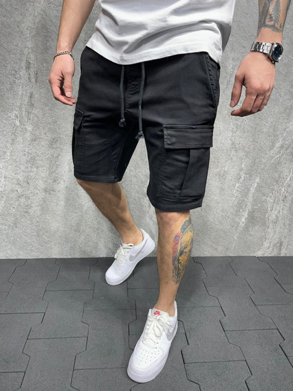 Street solid color casual five-point pants woven casual multi-pocket tether cargo shorts - Fayaat 