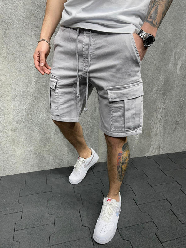 Street solid color casual five-point pants woven casual multi-pocket tether cargo shorts - Fayaat 