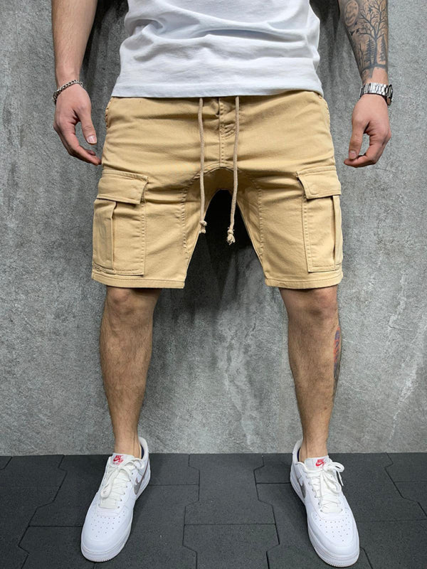 Street solid color casual five-point pants woven casual multi-pocket tether cargo shorts - Fayaat 