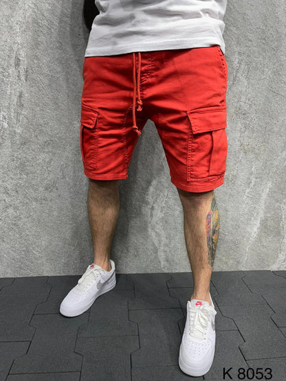 Street solid color casual five-point pants woven casual multi-pocket tether cargo shorts - Fayaat 