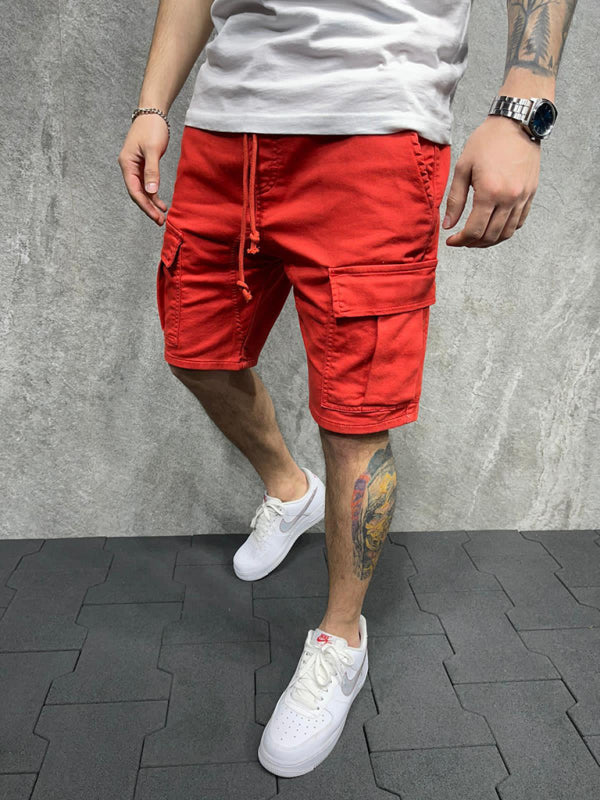 Street solid color casual five-point pants woven casual multi-pocket tether cargo shorts - Fayaat 