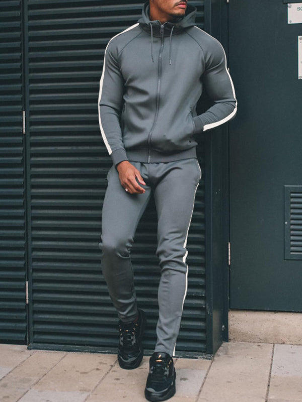 Men's casual hooded color block running fitness suit