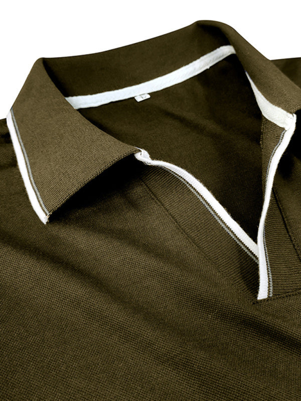 Men's new long-sleeved V-neck lapel contrasting color POLO shirt