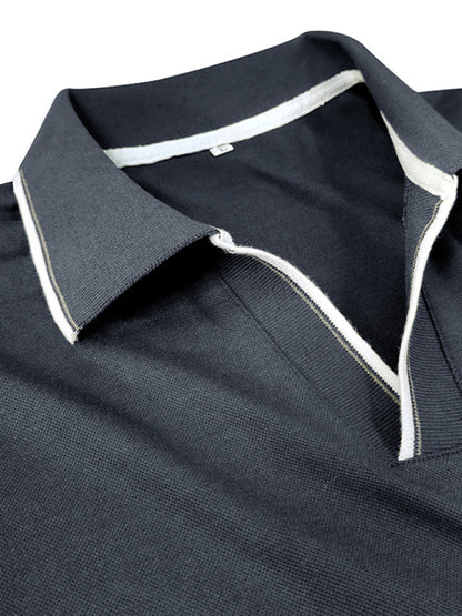 Men's new long-sleeved V-neck lapel contrasting color POLO shirt