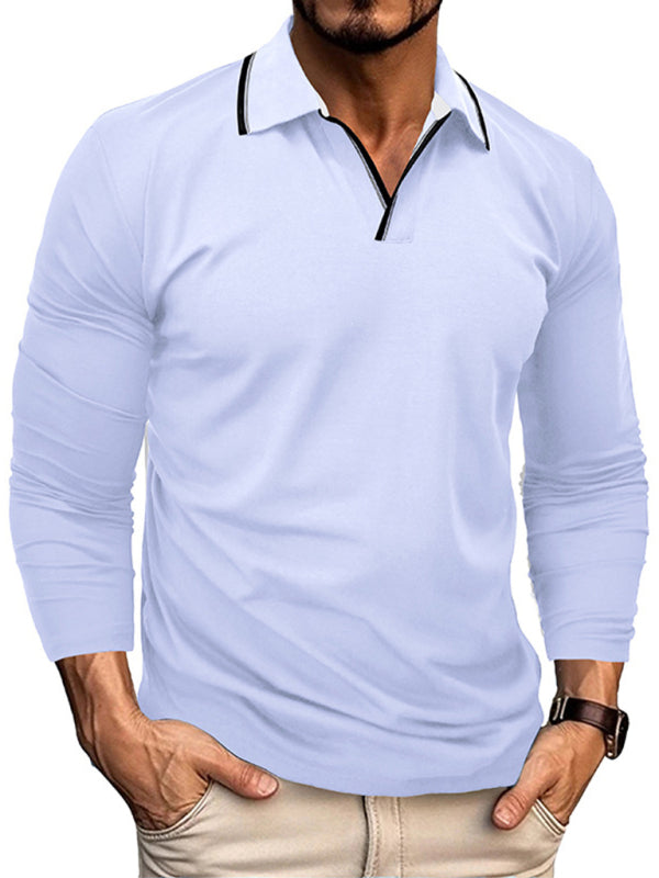 Men's new long-sleeved V-neck lapel contrasting color POLO shirt