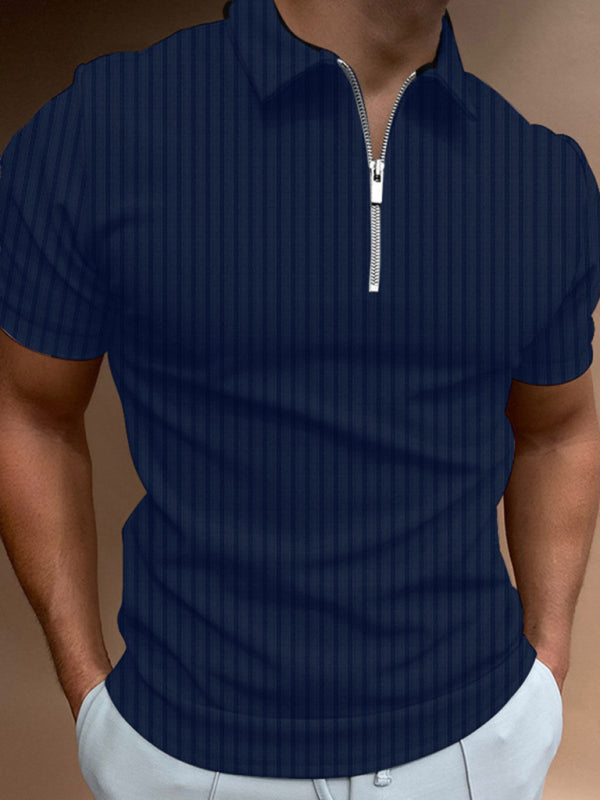 Men's new zipper striped short-sleeved lapel casual polo shirt