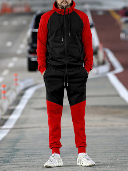 Men's new hooded sweatshirt with contrasting color casual sports suit