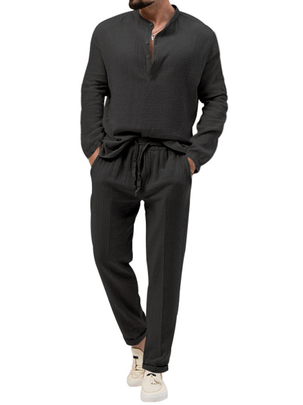 Men's new solid color casual long-sleeved shirt and trousers suit