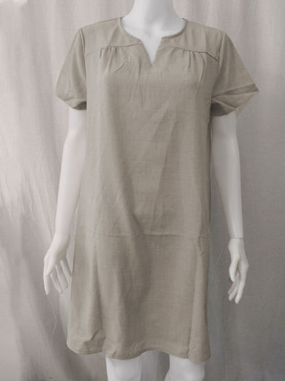 V-Neck Rolled Short Sleeve Gathered Curved Linen Dress