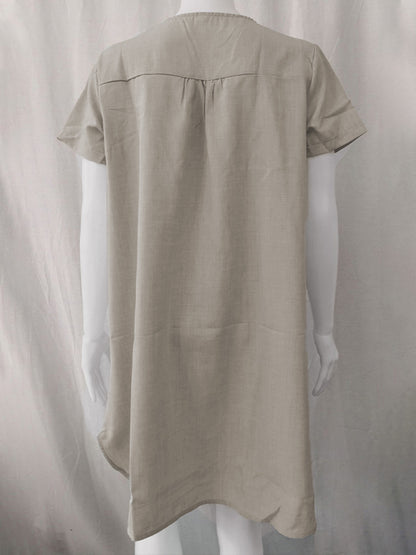 V-Neck Rolled Short Sleeve Gathered Curved Linen Dress