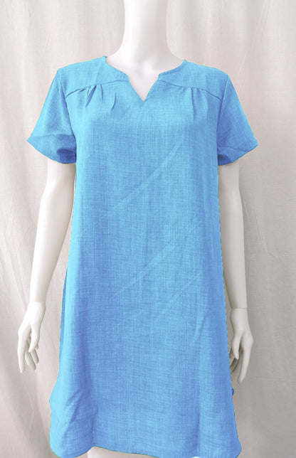 V-Neck Rolled Short Sleeve Gathered Curved Linen Dress