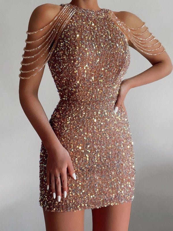 Sequined Chain Beads Bodycon Party Dress - Fayaat 