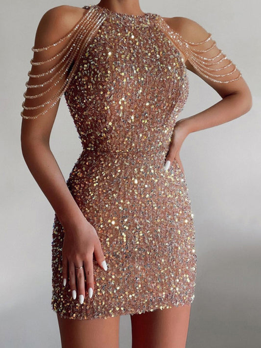 Sequined Chain Beads Bodycon Party Dress - Fayaat 