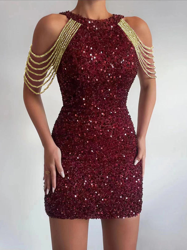 Sequined Chain Beads Bodycon Party Dress - Fayaat 