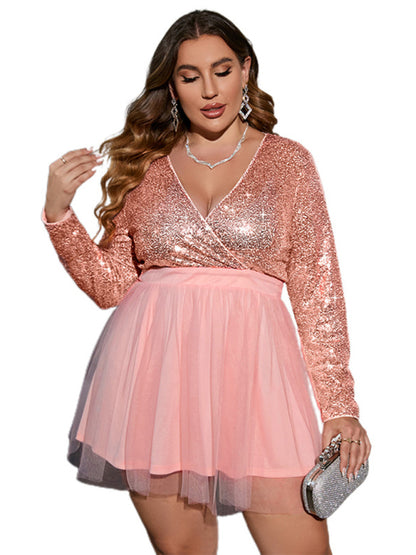 Plus Size Women's Sequin Stitching Mesh Sexy Sweet Party Dress