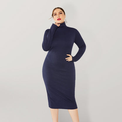 Women's Plus Size Solid Color Knit Turtleneck Long Sleeve Dress