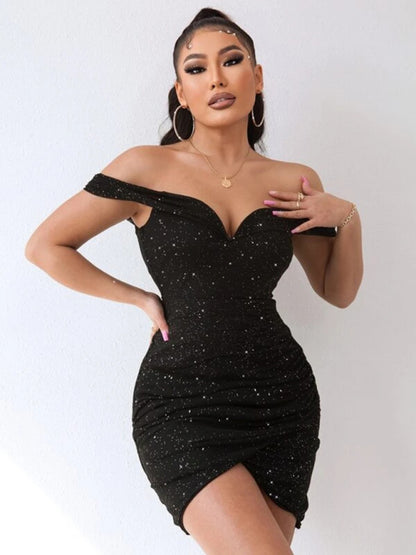 Sexy v-neck one-shoulder dress celebrity party high-end slit hot girl bag hip - Fayaat 