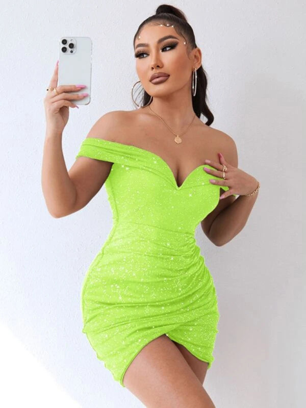 Sexy v-neck one-shoulder dress celebrity party high-end slit hot girl bag hip - Fayaat 