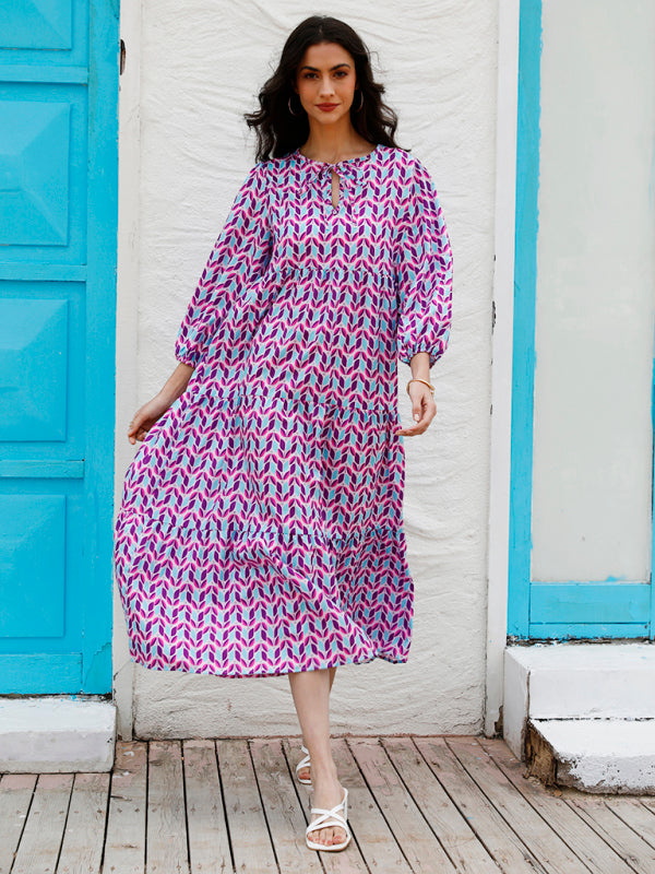 Geometric Collage Puff Sleeve Dress Street Holiday Women's Clothing