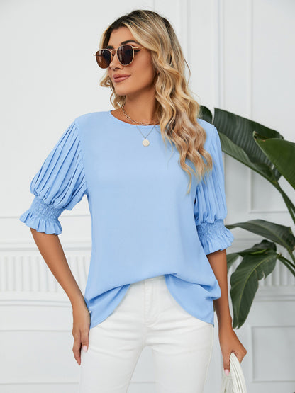 Women's Woven Round Neck Ruffle Princess Sleeve Loose Chiffon Top