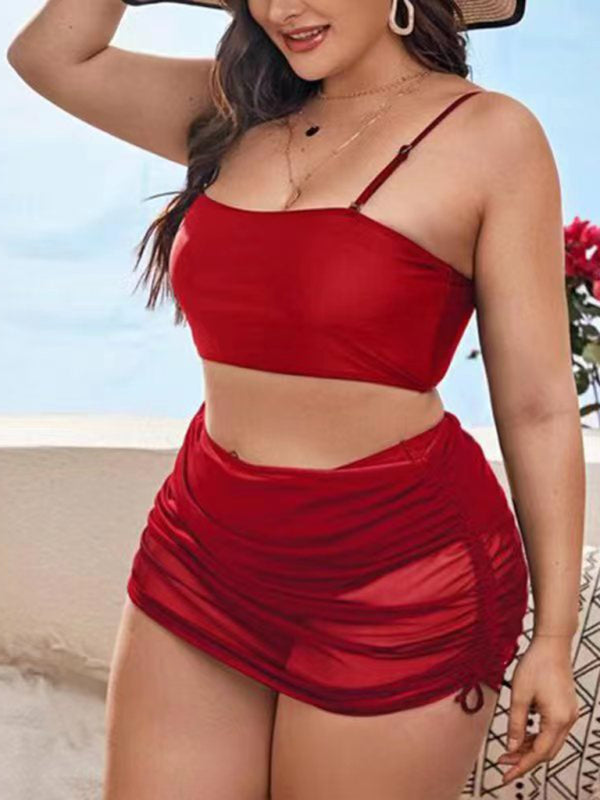 Plus Size Women-Sling Backless Mesh Drawstring Bikini Set