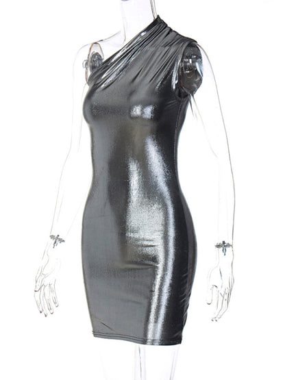 New Sexy Slim Solid Color Slant Shoulder Sleeveless Hip Dress