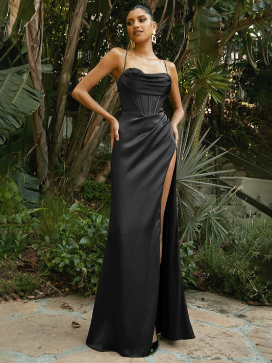 Sexy Sleeveless Strap Chest Pleated Gown Dress - Fayaat 