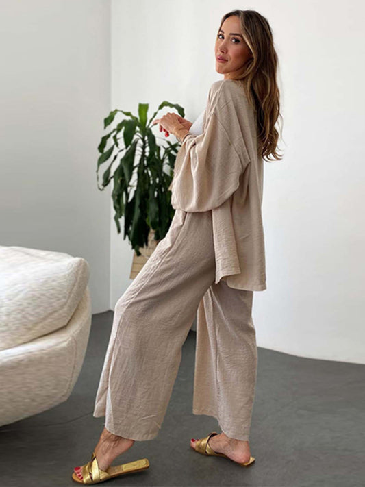 New cotton and linen suit cardigan long-sleeved top pocket wide-leg trousers two-piece set - Fayaat 