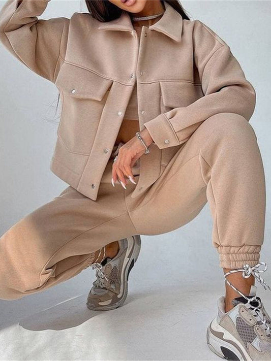 Solid color women's jacket jacket casual trousers suit long-sleeved jacket sweater two-piece suit - Fayaat 