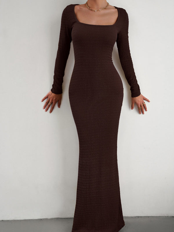 New Ladies Fit Square Neck Long Sleeve Knitted Dress