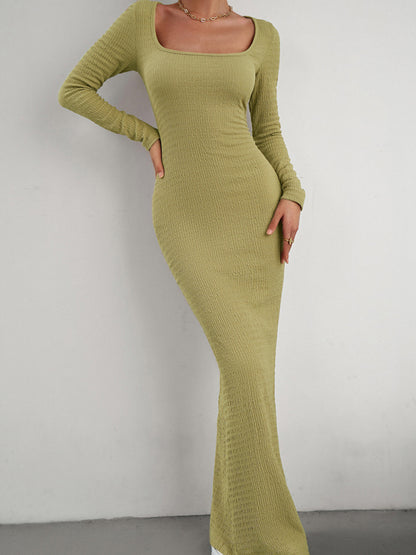 New Ladies Fit Square Neck Long Sleeve Knitted Dress
