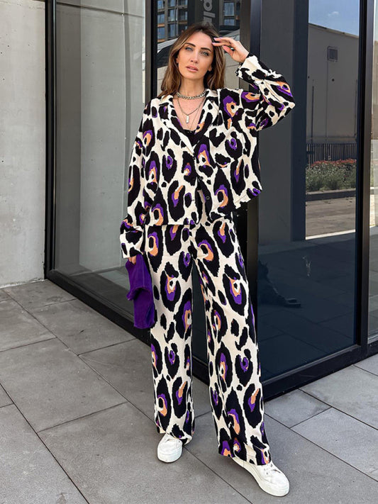 Fashion Casual Suit Printed Suit Collar Cropped Long Sleeve Top High Waist Wide Leg Pants Set - Fayaat 