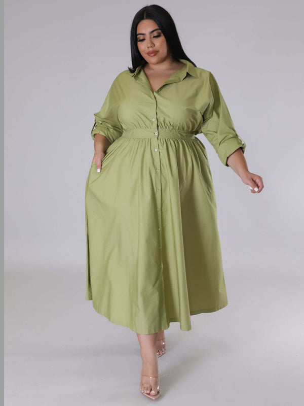 New plus size women's solid color long-sleeved shirt dress