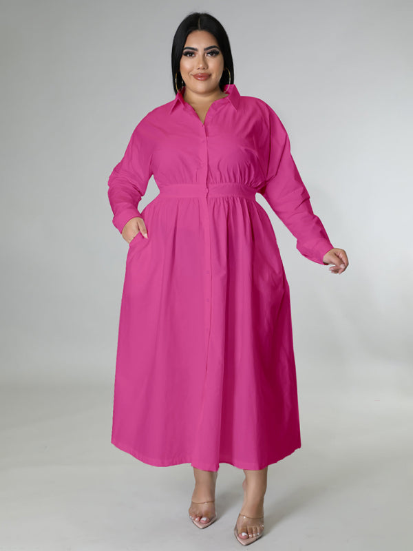 New plus size women's solid color long-sleeved shirt dress