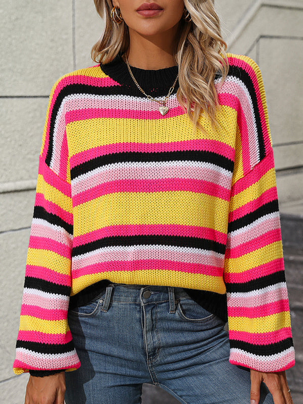 Paneled Knit Loose Intercolor Crewneck Striped Sweater