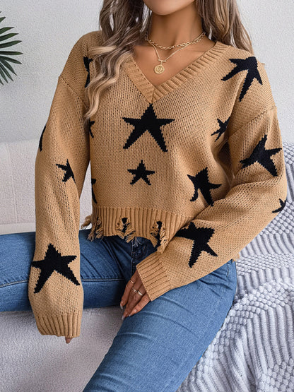 New women's casual V-neck star cut long-sleeved knitted pullover sweater
