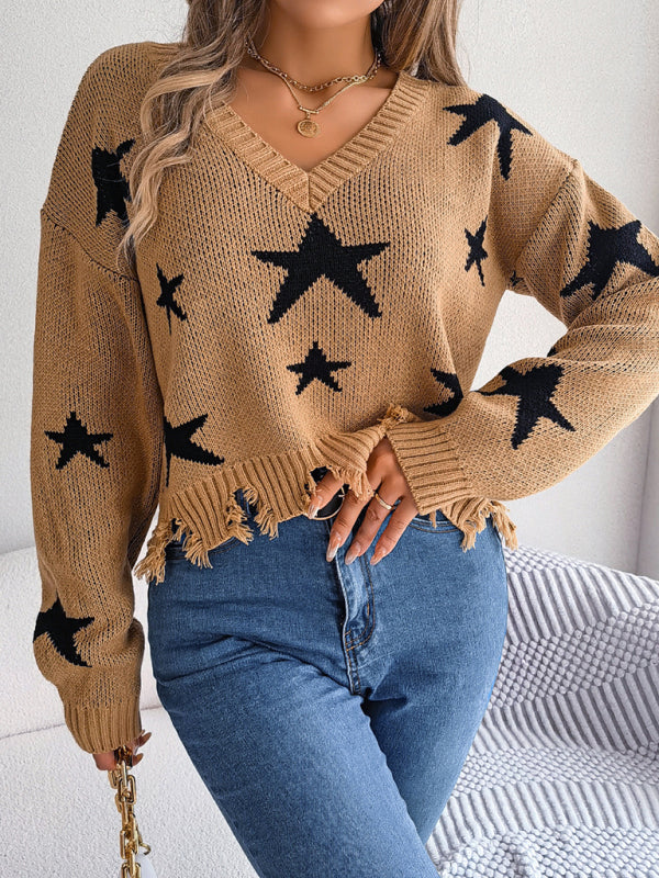 New women's casual V-neck star cut long-sleeved knitted pullover sweater