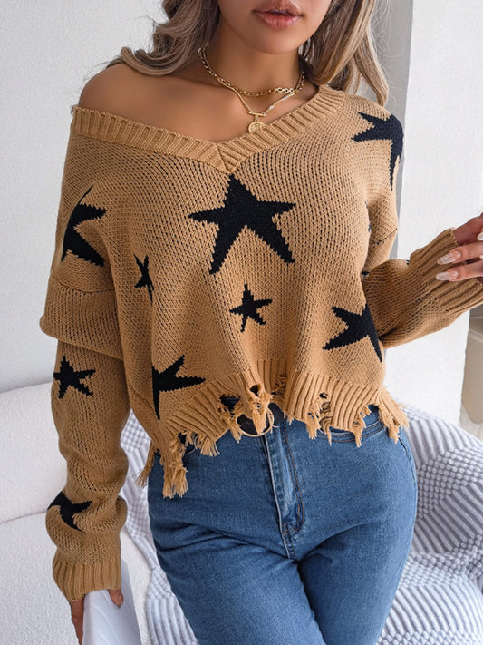 New women's casual V-neck star cut long-sleeved knitted pullover sweater