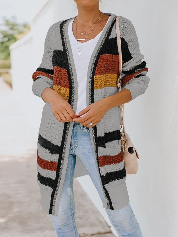 Women's new multi-color mid-length knitted cardigan jacket
