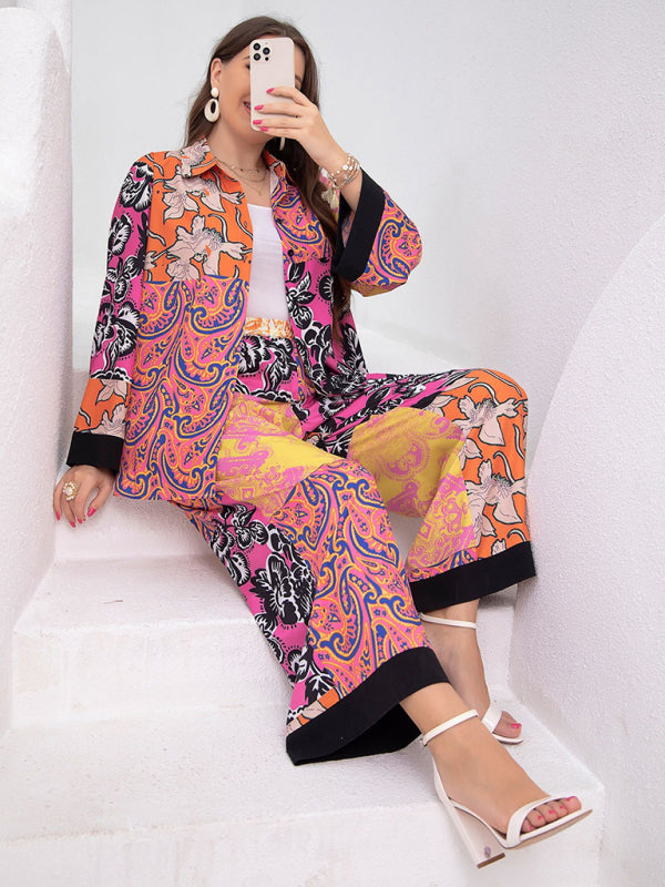 New plus size women's loose retro floral shirt suit