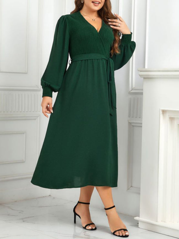 New plus size women's V-neck green design dress