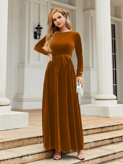 Women's round neck belted gold velvet dress