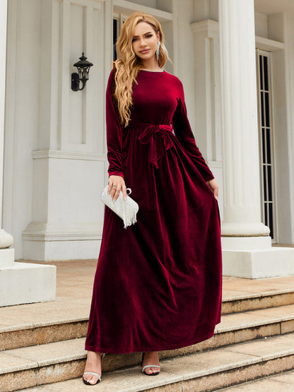 Women's round neck belted gold velvet dress