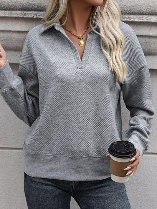 Women's new solid color lapel gray sweatshirt