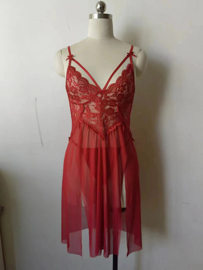 New sexy mesh see-through lace embroidered suspender nightgown slit long skirt suit